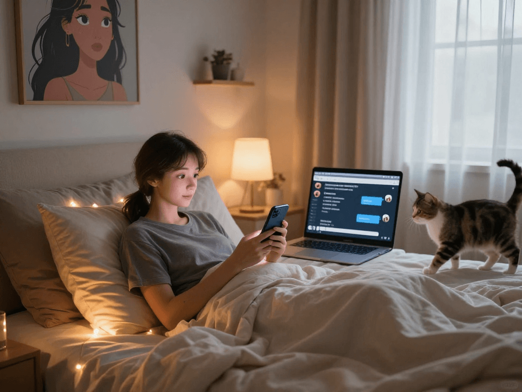 Engaging in ai sex chat on a cozy bedroom setup with animated character.