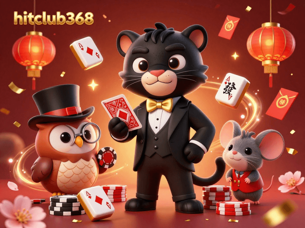 Experience winning moments at hitclub368 with stylish animated characters celebrating casino games in vibrant colors.