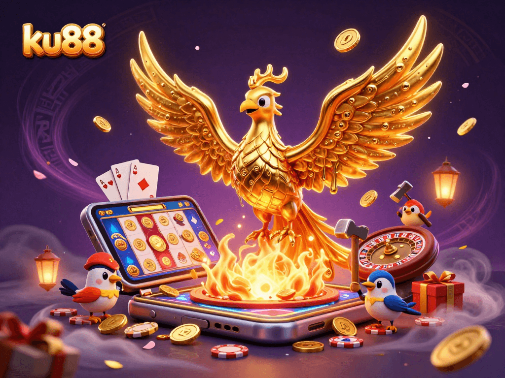 Experience the engaging ku88 golden phoenix slot game illustrated in a vibrant, detailed 3D scene.