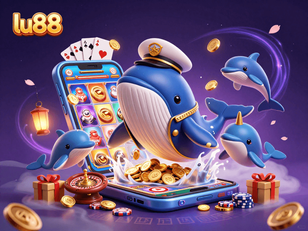 Experience the immersive world of lu88 with a whale and narwhal in a sea of coins and casino symbols