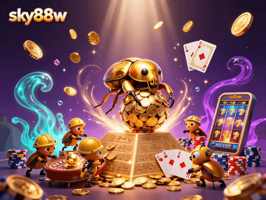 Engage with sky88w's casino adventures as golden beetles roll in a vibrant 3D illustration of wealth.