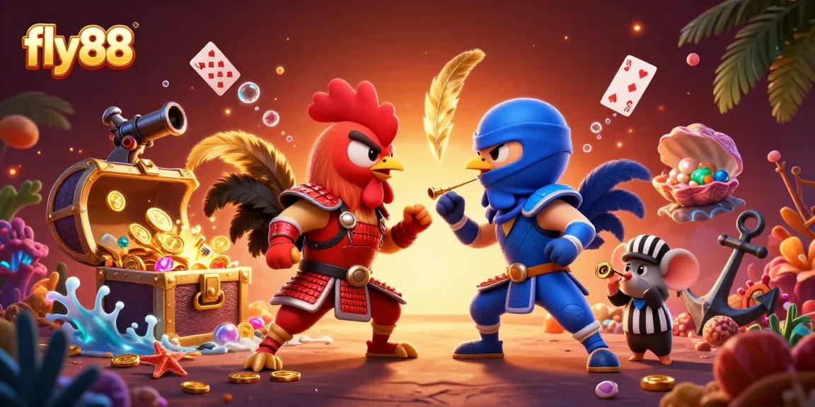 Experience the thrill of fly88 with dynamic fighting roosters, gold coins, and underwater treasures.