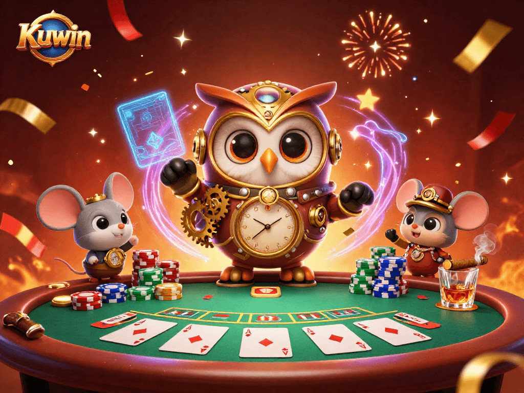 Experience Kuwin's vibrant casino atmosphere with a time-traveler owl and festive poker elements.