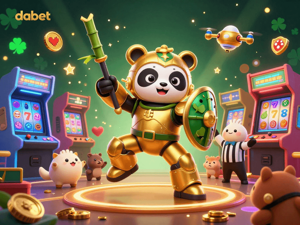 dabet showcases a lively casino-themed scene with a mech-suit panda and game elements for energetic play.