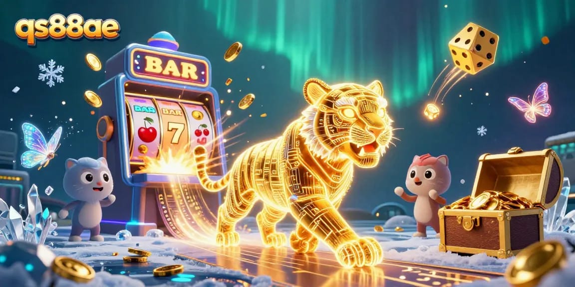 Experience excitement at qs88ae with a neon light tiger and a jackpot explosion in a digital casino.