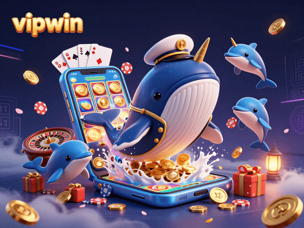 Experience thrilling gaming action with vipwin featuring a cartoon whale and dolphins in a vibrant casino scene.