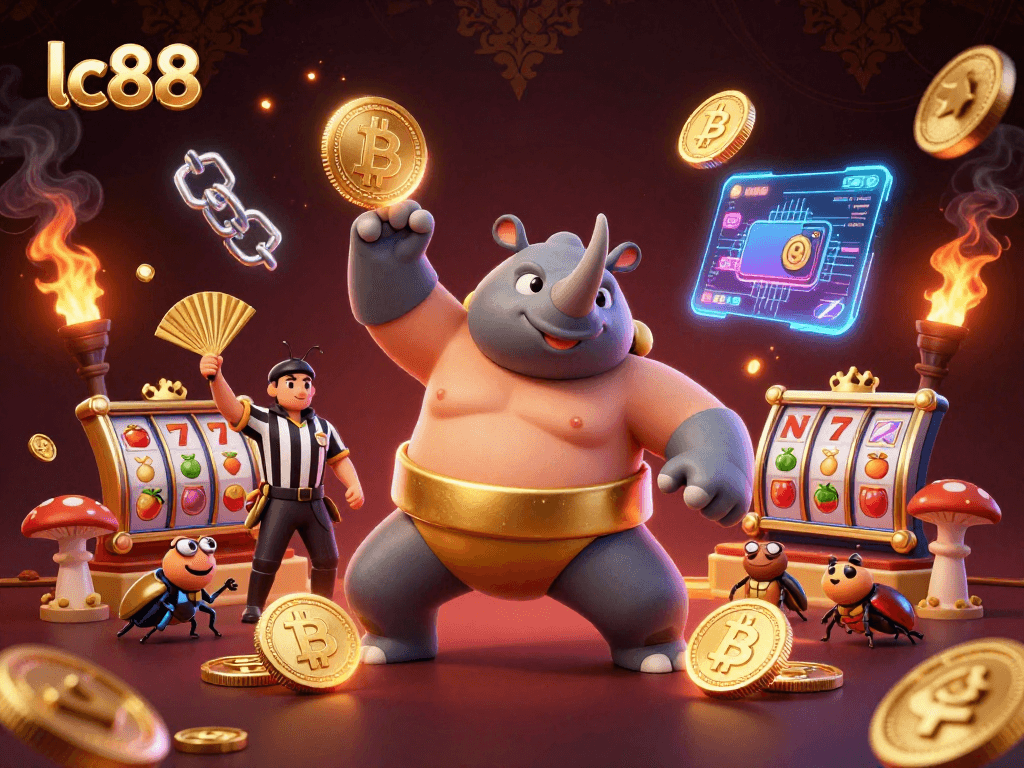 lc88 showcases a dynamic sumo beetle champion in a vibrant casino scene with crypto elements.