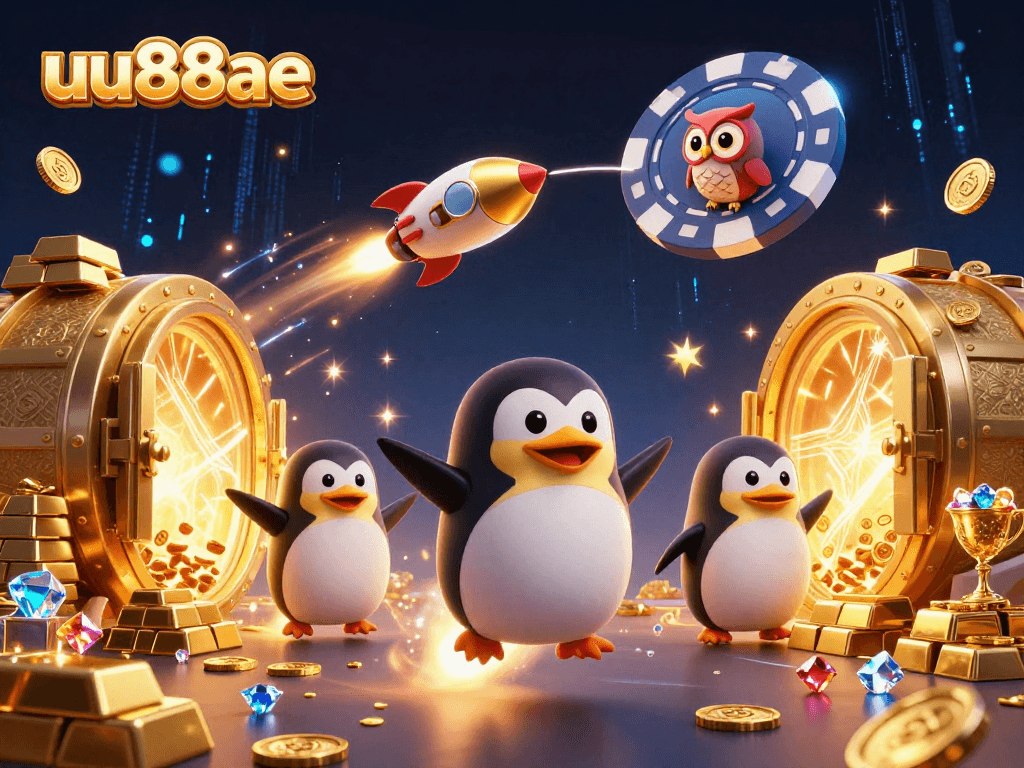 Experience thrilling adventures at uu88ae with a golden penguin launching into a casino galaxy!