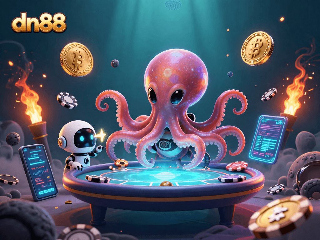 Experience the excitement of dn88 with an alien octopus and poker chips in a vibrant casino scene.