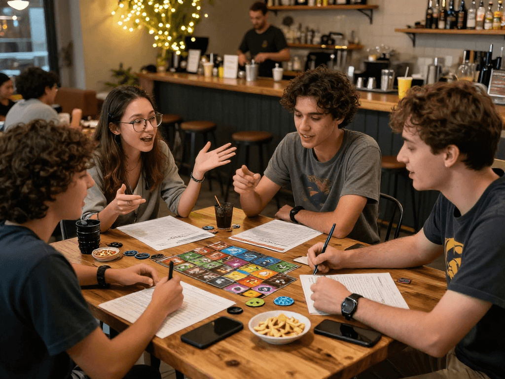 Engaging ai roleplay session among friends in a cozy café filled with gaming elements.