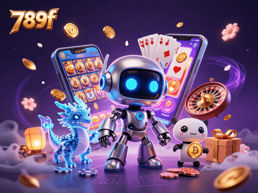 Engage with 789f's vibrant slot game scene featuring a cyberpunk robot, bitcoin drone, and colorful gaming elements.