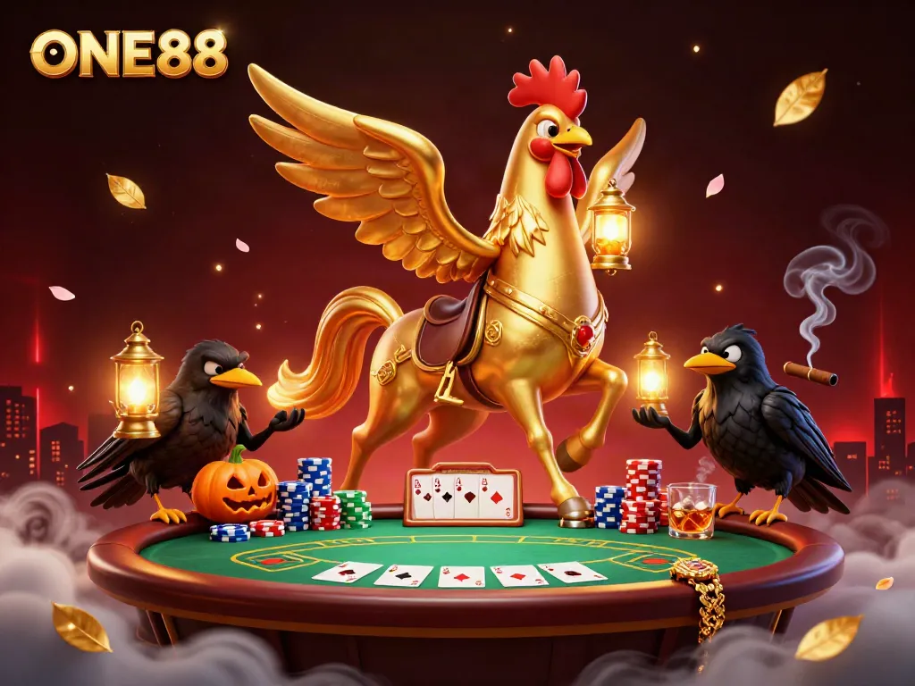 Experience the thrill of ONE88 in a vibrant casino scene with headless horsemen and poker action.