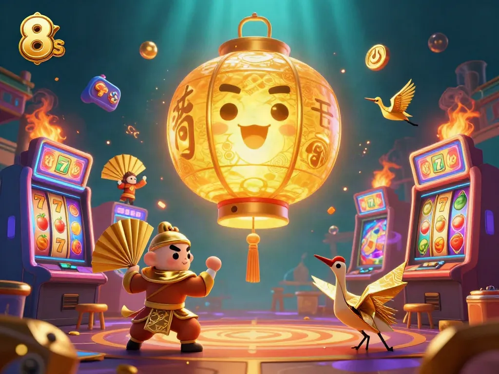 Win at the casino with the exciting 8 S game featuring a glowing lantern spirit and dynamic slot machines.