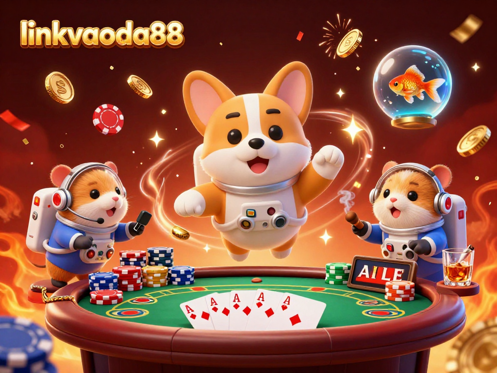 Experience the thrill of linkvaoda88 with a colorful 3D casino space scene filled with fun characters.