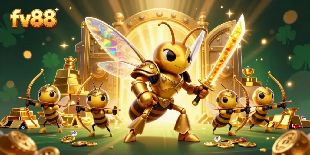 Experience thrilling moments with fv88 as the golden hornet wields katanas amidst dazzling casino treasures.