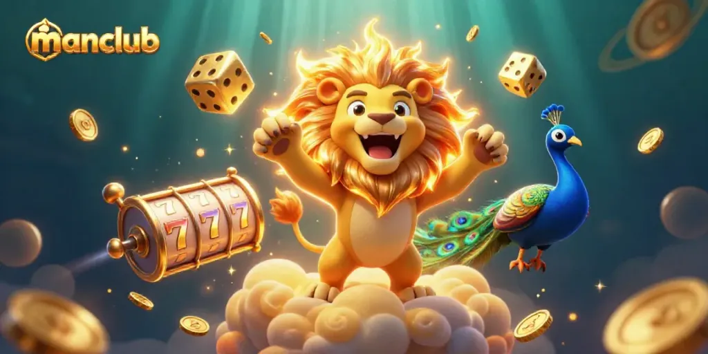Engage with manclub's thrilling slot experience featuring a roaring sun lion in a vibrant casino scene.
