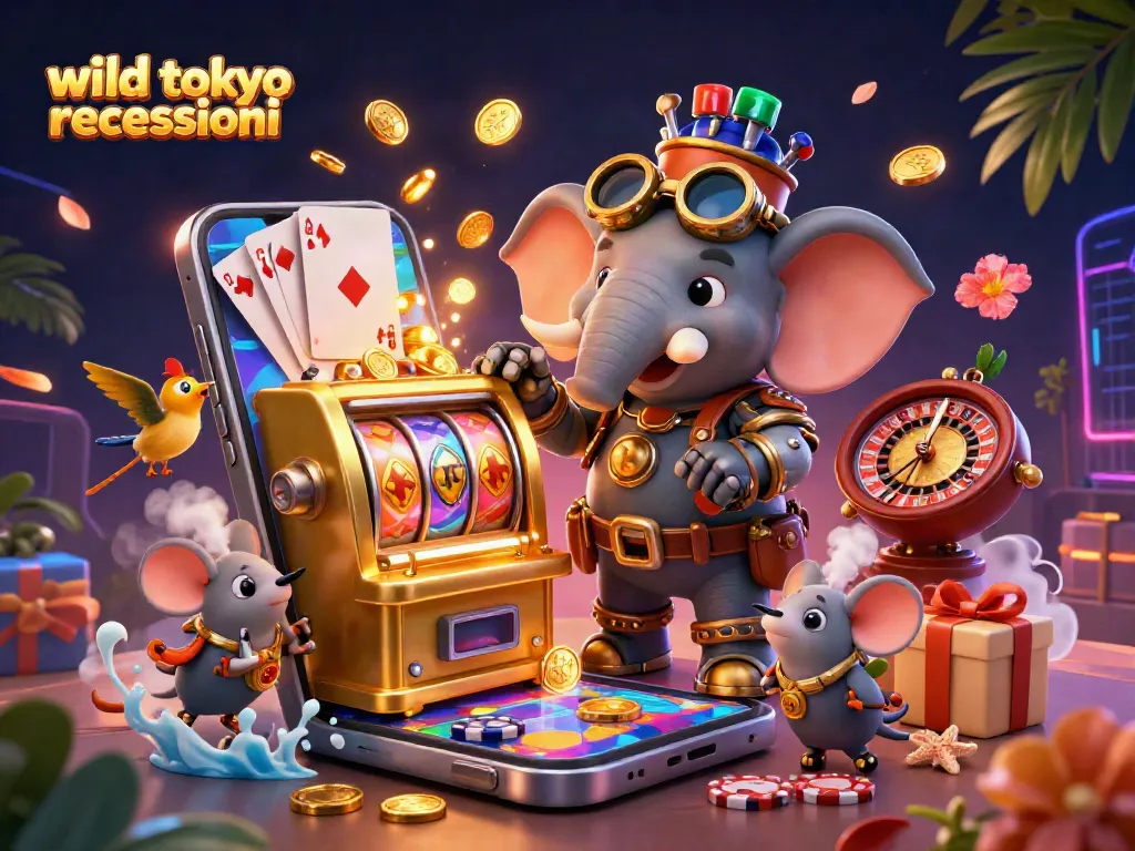 wild tokyo recensioni illustrates a lively casino scene with a steampunk elephant running a slot machine.