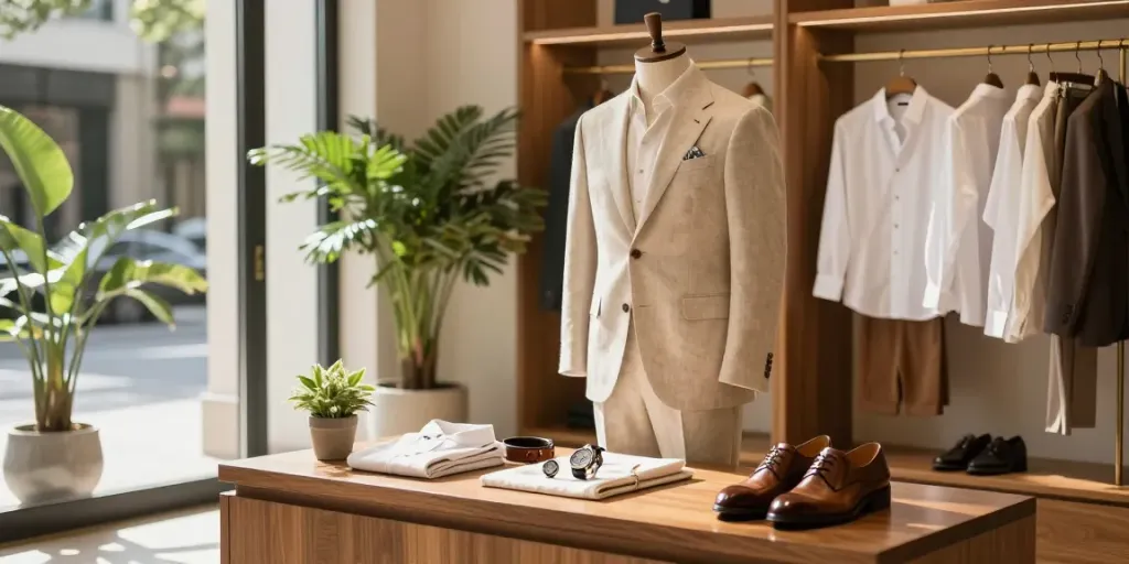 Men's classic clothing display featuring tailored summer suits and shirts in an upscale boutique