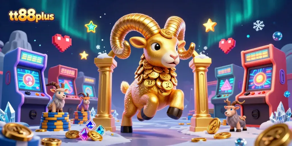 Experience tt88plus gaming excitement with a golden ram charging through colorful casino elements.