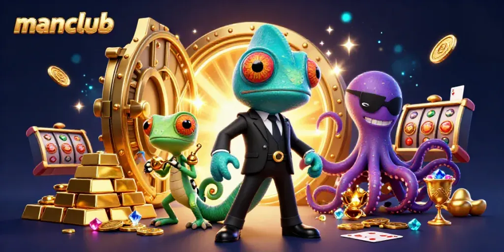 Experience exciting gaming at manclub with a thrilling 3D illustration featuring vibrant casino elements and characters.