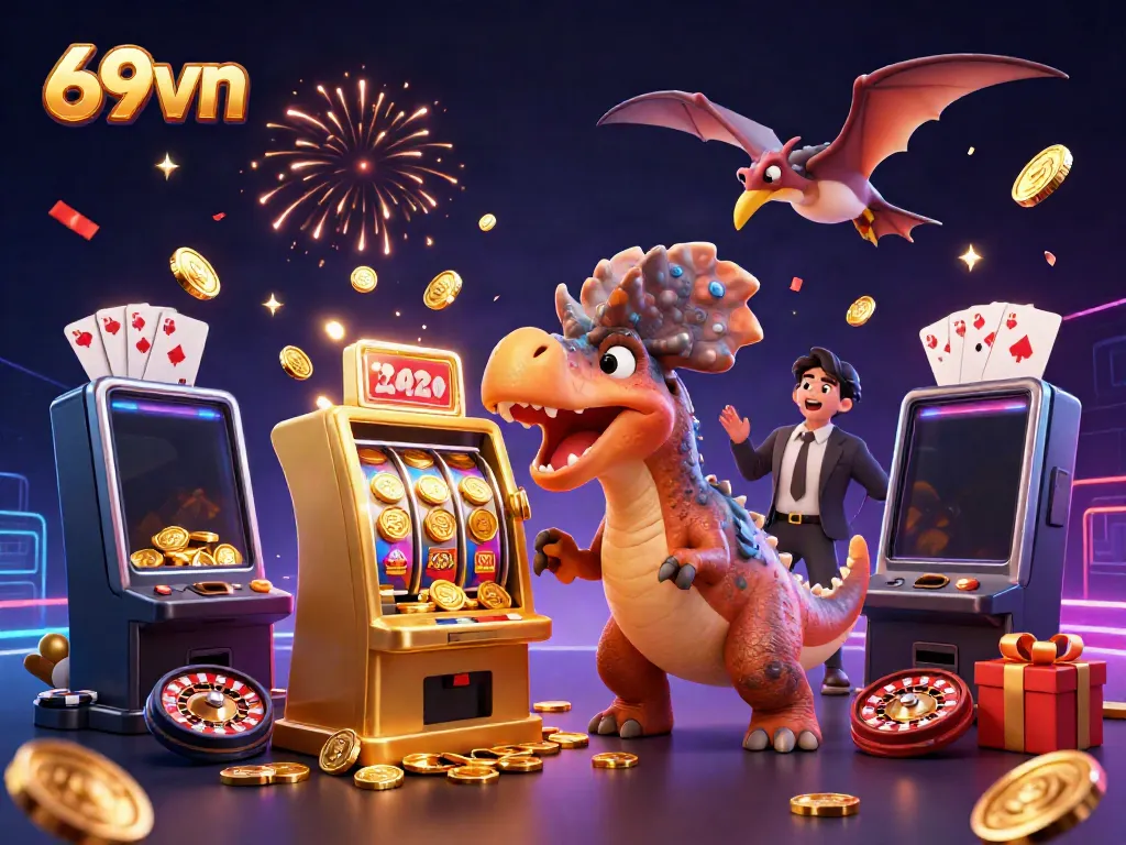 Watch the 69vn dinosaur excitingly headbutt a jackpot slot machine amid a vibrant casino atmosphere.