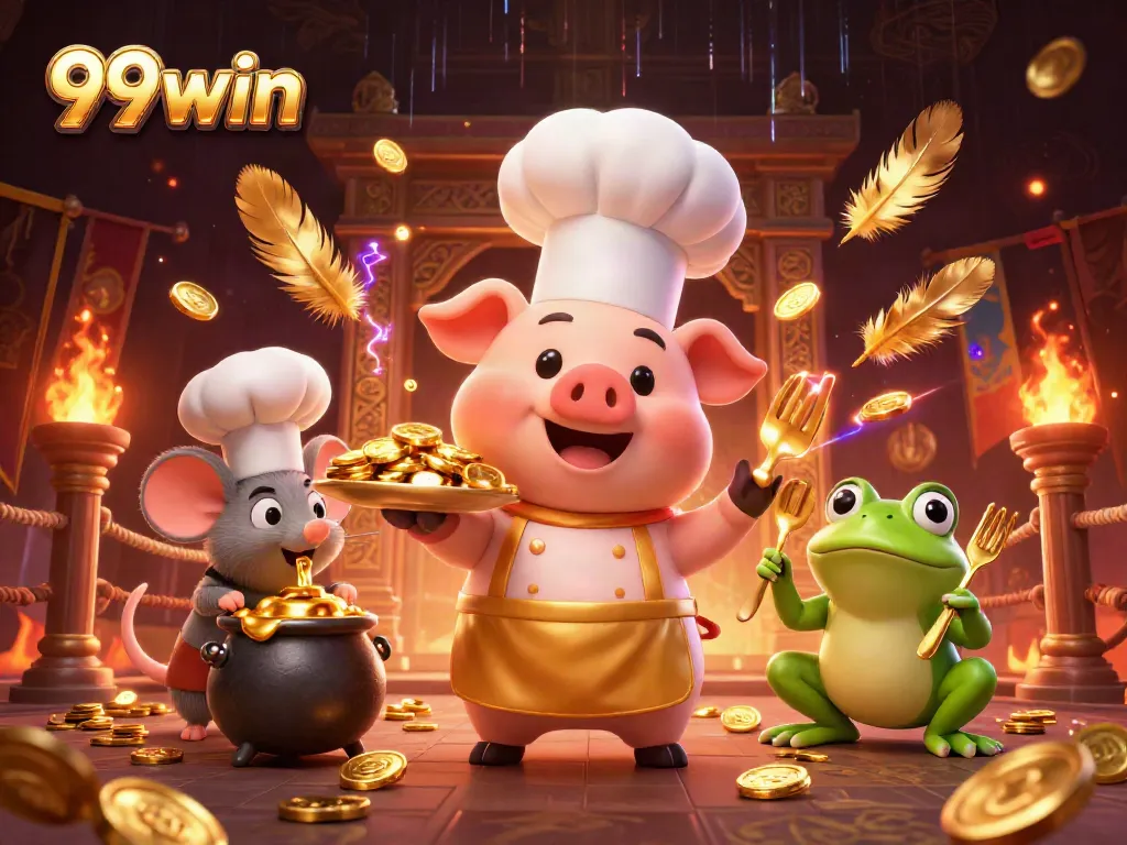 Win big at 99win with the chef pig, sous-chef mouse, and critic frog serving gold coins.