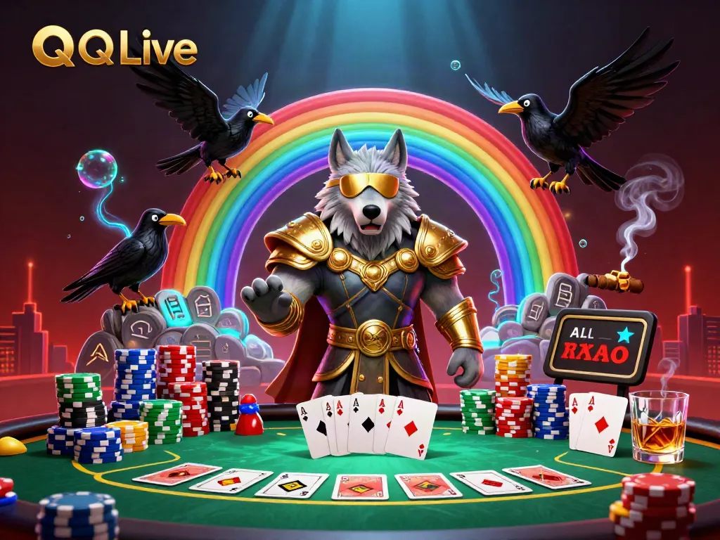 Experience QQ Live action with a Norse mythology wolf and ravens amidst casino-themed adventures.