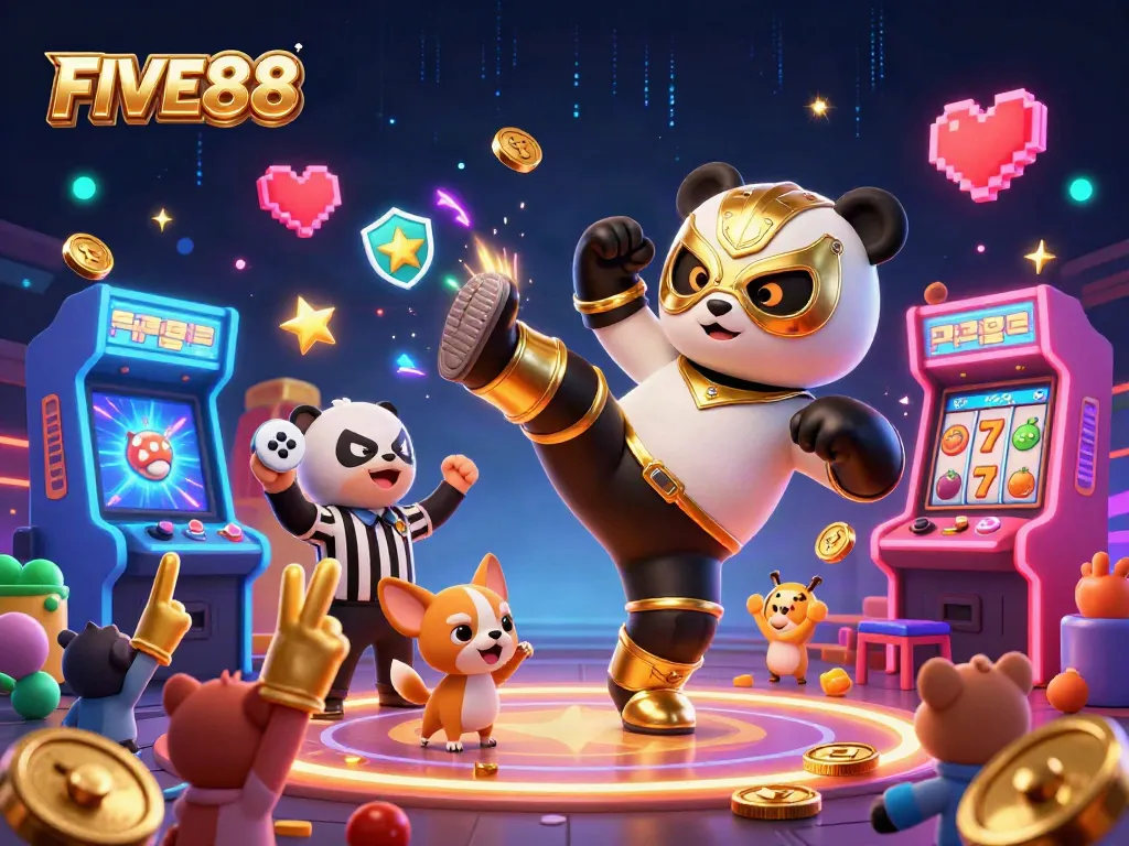FIVE88 takes center stage in a vibrant, action-packed casino scene with a flying panda wrestler.