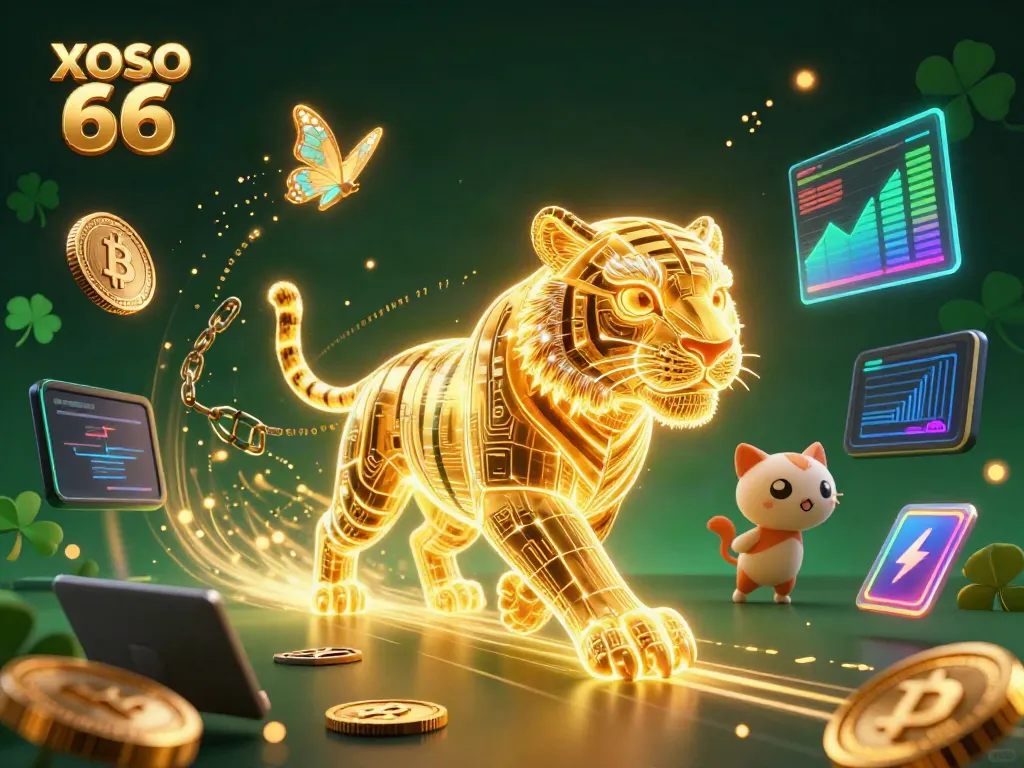 Experience the thrilling world of XOSO 66 with a dynamic 3D illustration featuring a light-energy tiger and crypto elements.