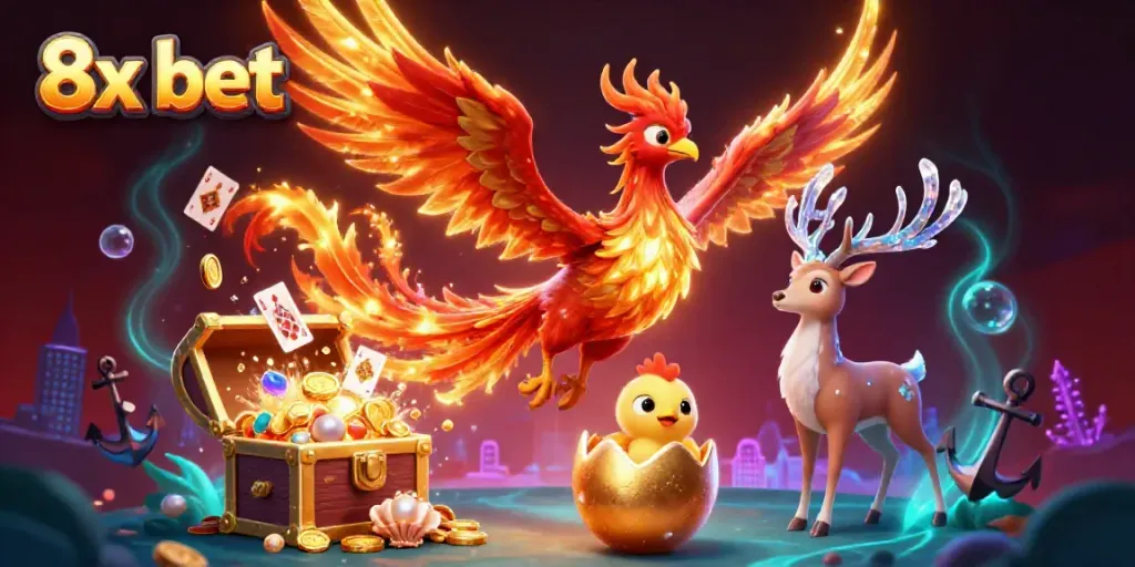 Engage in vibrant 8x bet gaming with a fire phoenix, hatching chick, and mystical stag in an enchanting underwater scene.