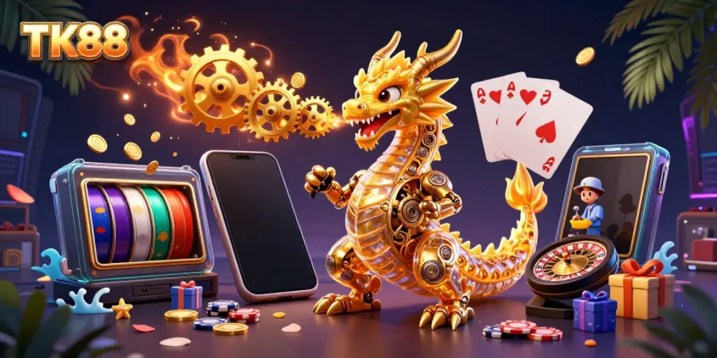 Engage in winning strategies with TK88, featuring a golden dragon and interactive casino elements.