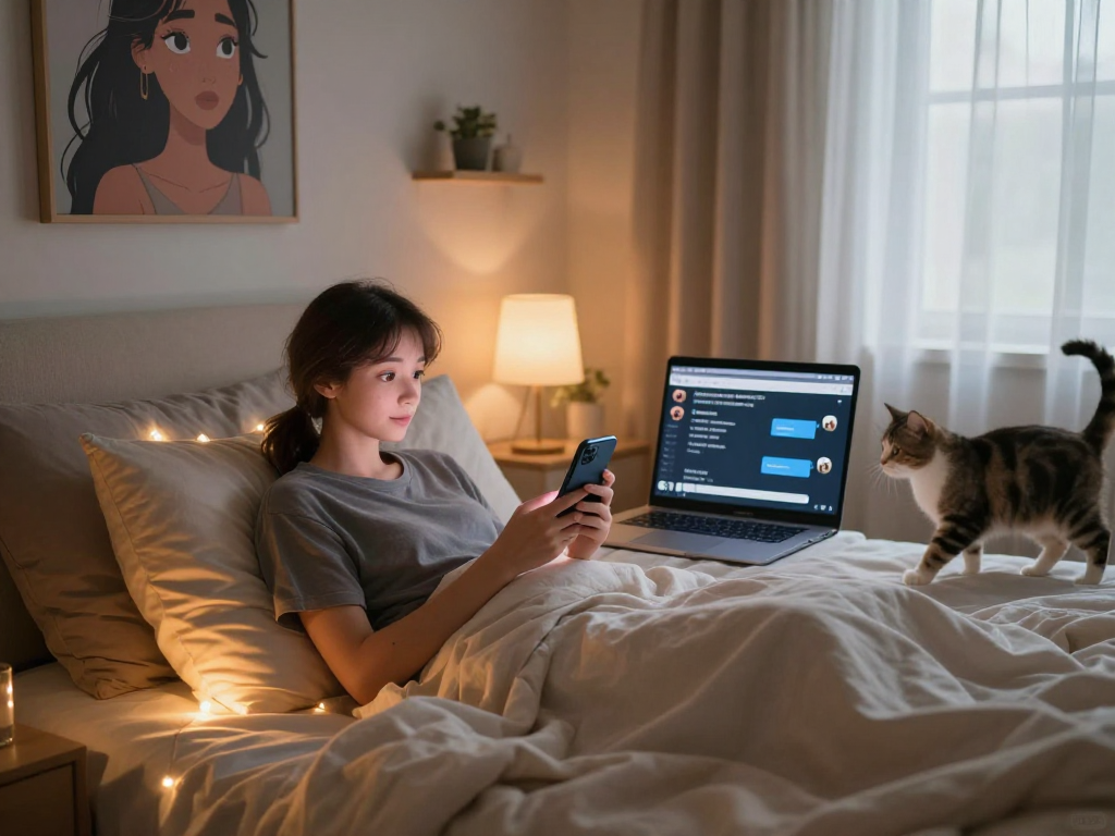 Engaging in ai sex chat on a cozy bedroom setup with animated character.