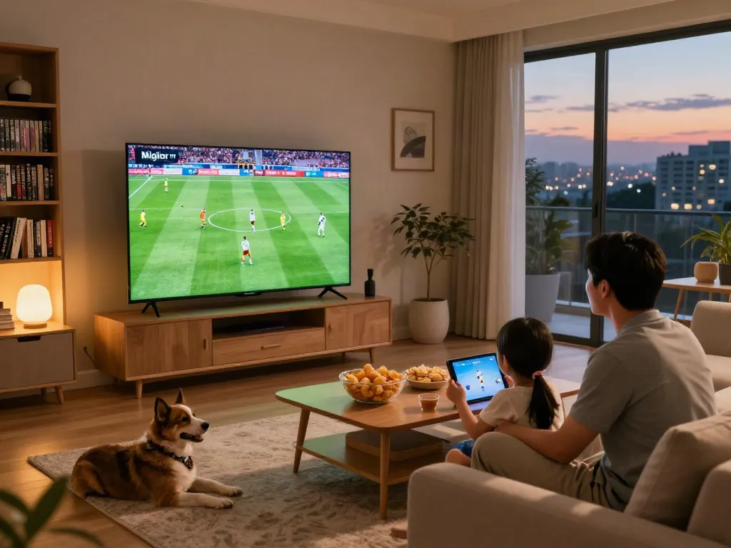 Miglior IPTV family gathering in a cozy living room with sports on the smart TV.