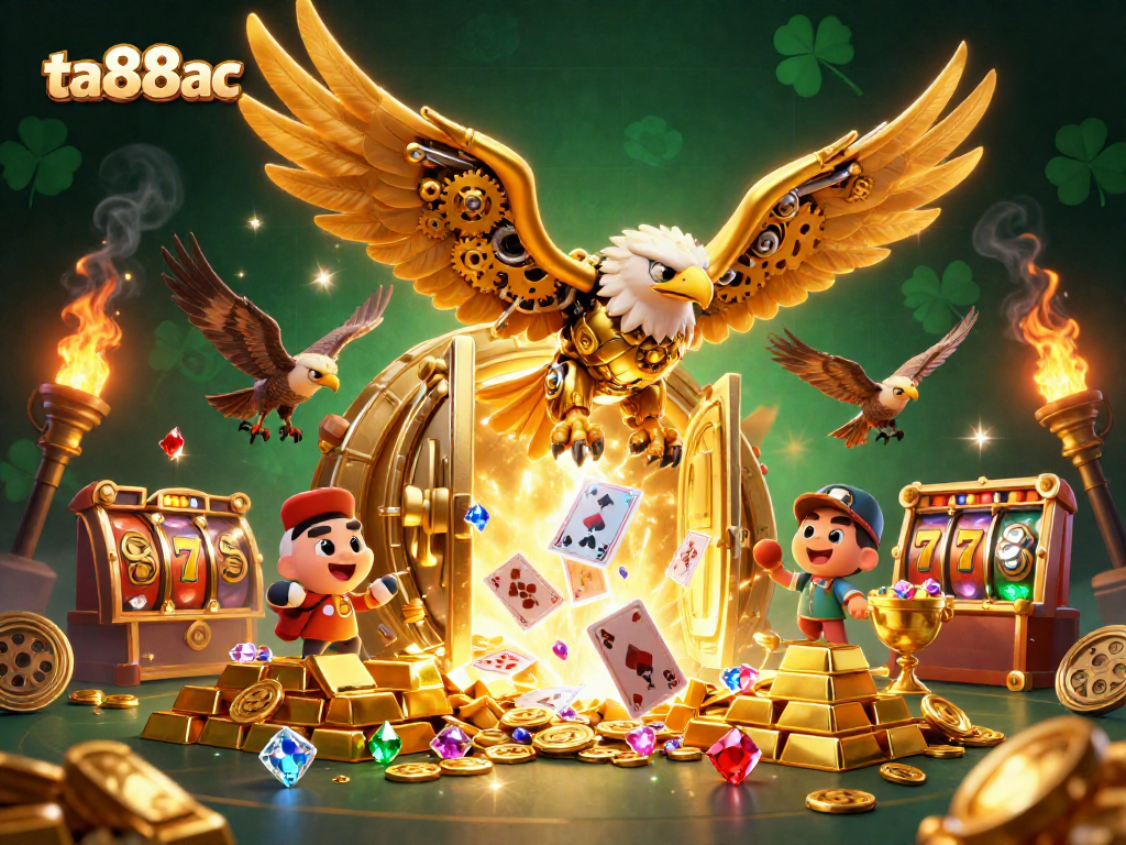 Experience thrilling wins at ta88ac with a vibrant 3D illustration of a cybernetic eagle among dynamic casino elements.