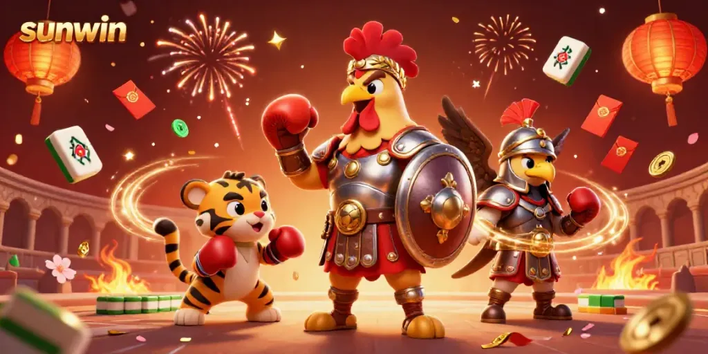 Experience thrilling gaming action at sunwin with a vibrant online casino scene featuring dynamic characters and festive elements.