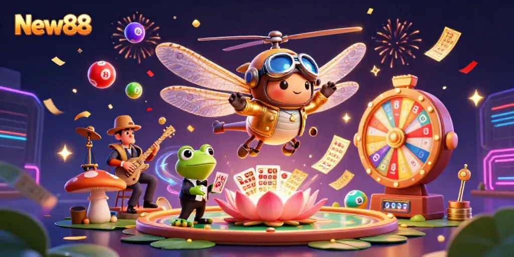 Experience the thrill of New88 with engaging characters and vibrant casino elements in an exciting 3D scene.