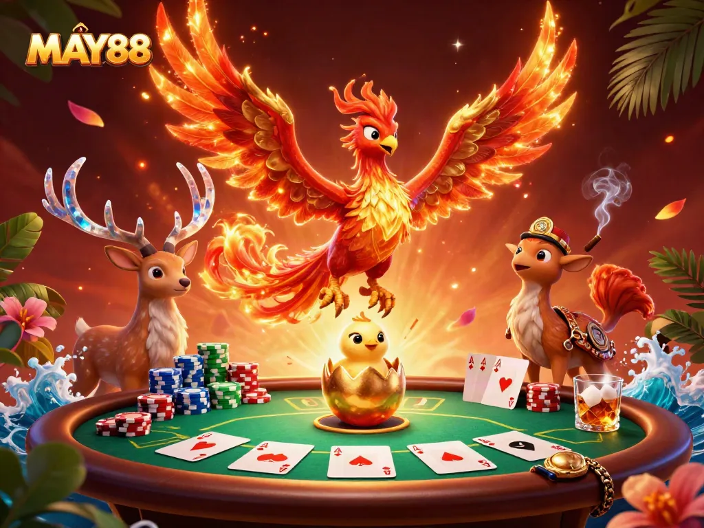 MAY88 gamblers enjoy a vibrant 3D casino scene with a phoenix and poker elements creating excitement.