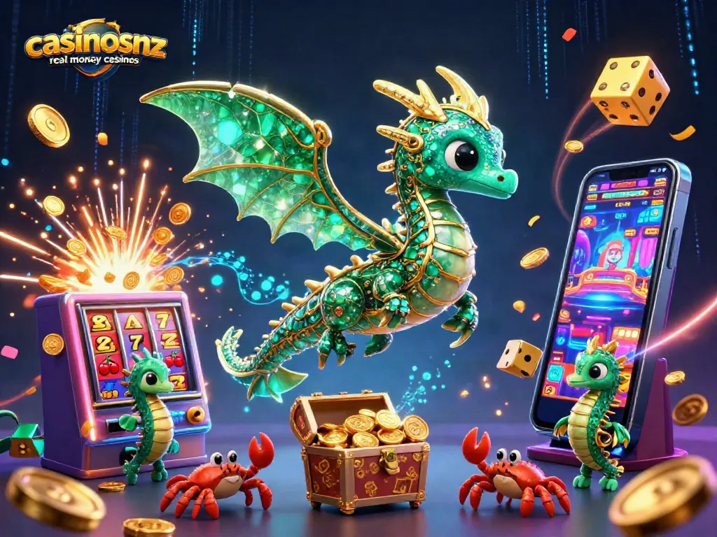 Experience the thrill of casinosnz real money casinos with a vibrant underwater scene featuring a sea dragon and treasure.