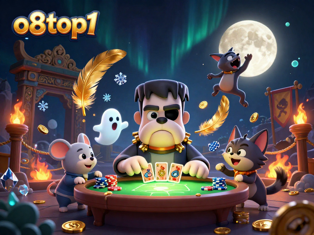 Join the gaming action with o8top1 as cartoon characters deal cards at a spooky casino.