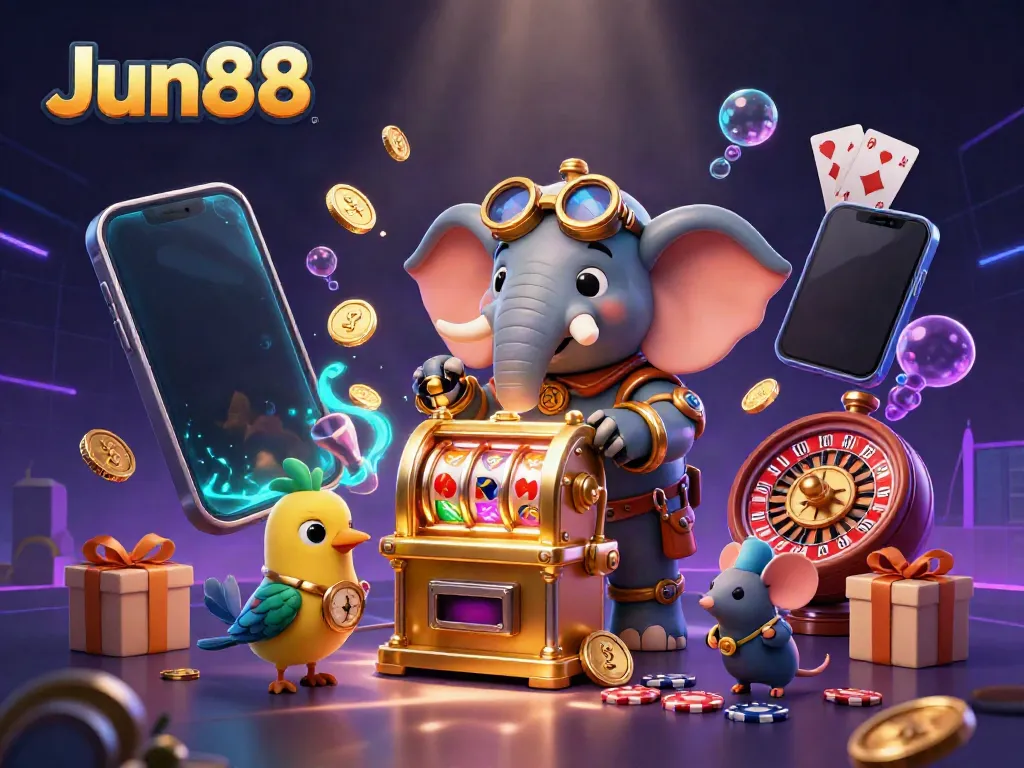 Spin the reels at Jun88 with a steampunk elephant and vibrant casino elements in action.