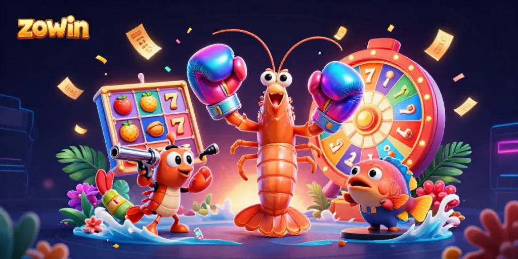 Zowin showcases a vibrant 3D cartoon scene with a mantis shrimp, gambling elements, and jackpot excitement.