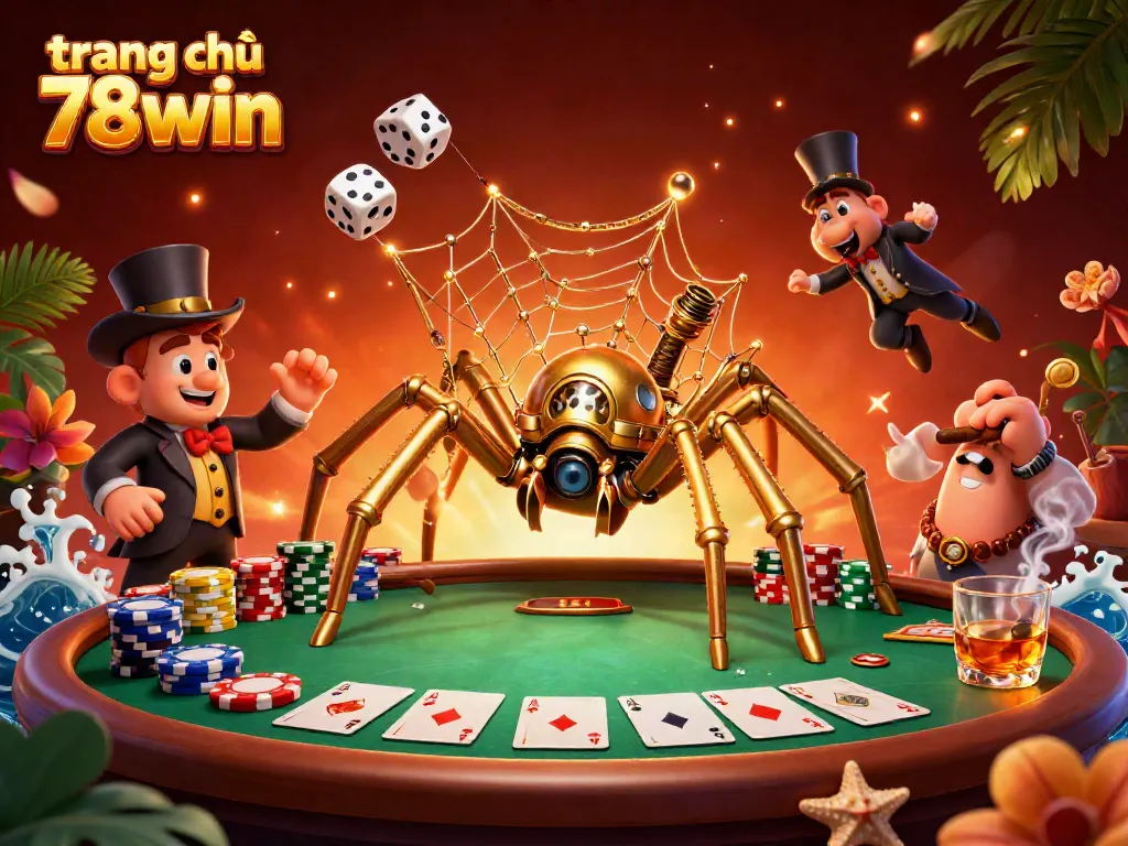 Engage with the lively scene of trang chủ 78win featuring a whimsical steampunk spider and poker-themed elements.