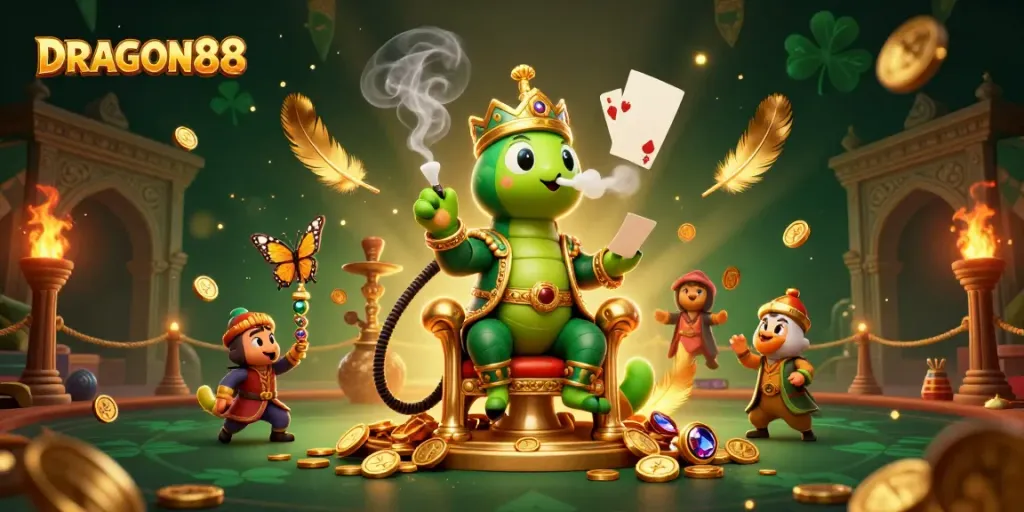 Experience the excitement of DRAGON88 with a whimsical 3D illustration showcasing thrilling casino elements.