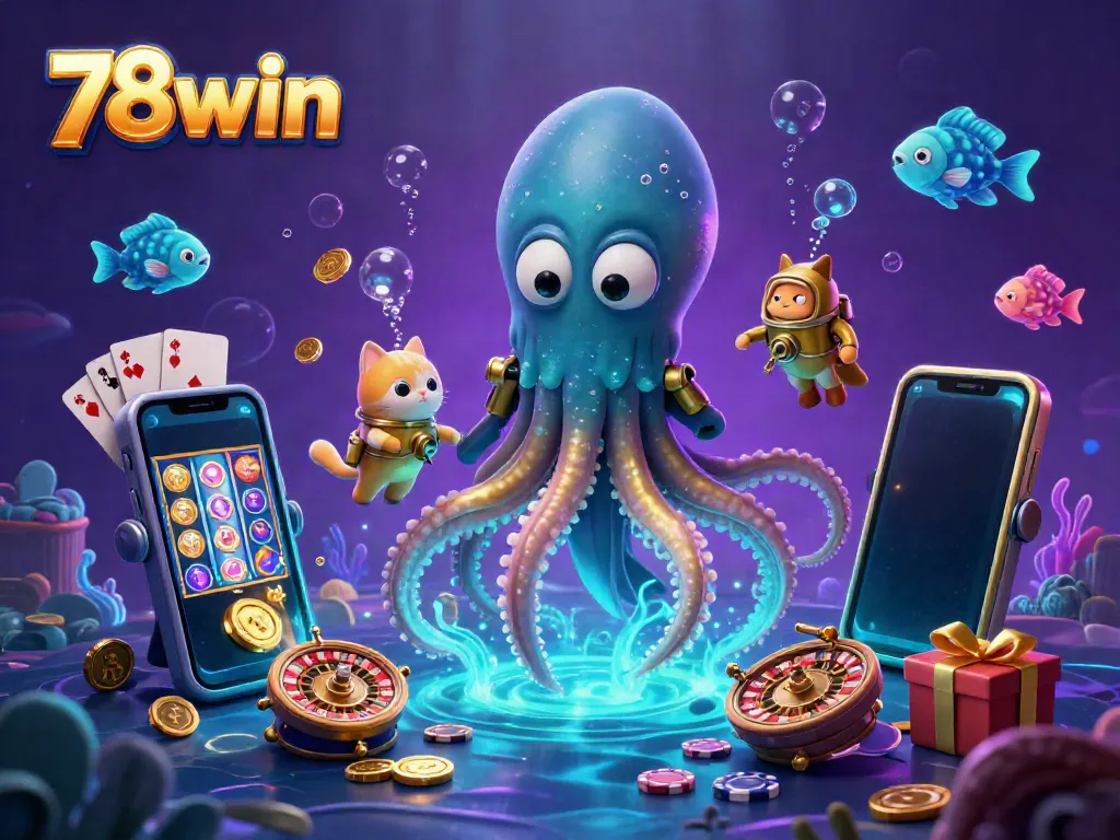 Experience the thrill of 78win with a cartoon kraken, diving cat, and vibrant slot games in a treasure-filled ocean.