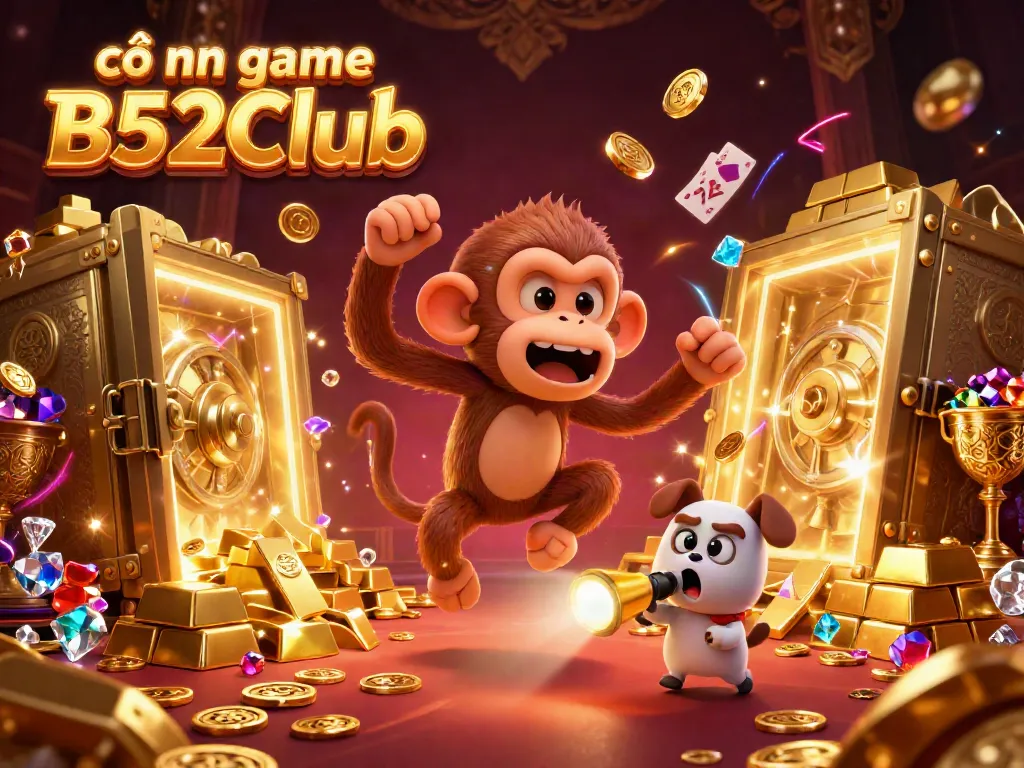 Engage with the thrilling cổng game B52Club, featuring an animated poltergeist monkey and a curious dog in a lively casino.