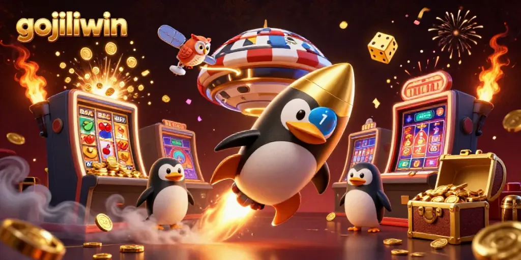 Spin and win with gojiliwin in a vibrant 3D illustration of an adventurous golden penguin.