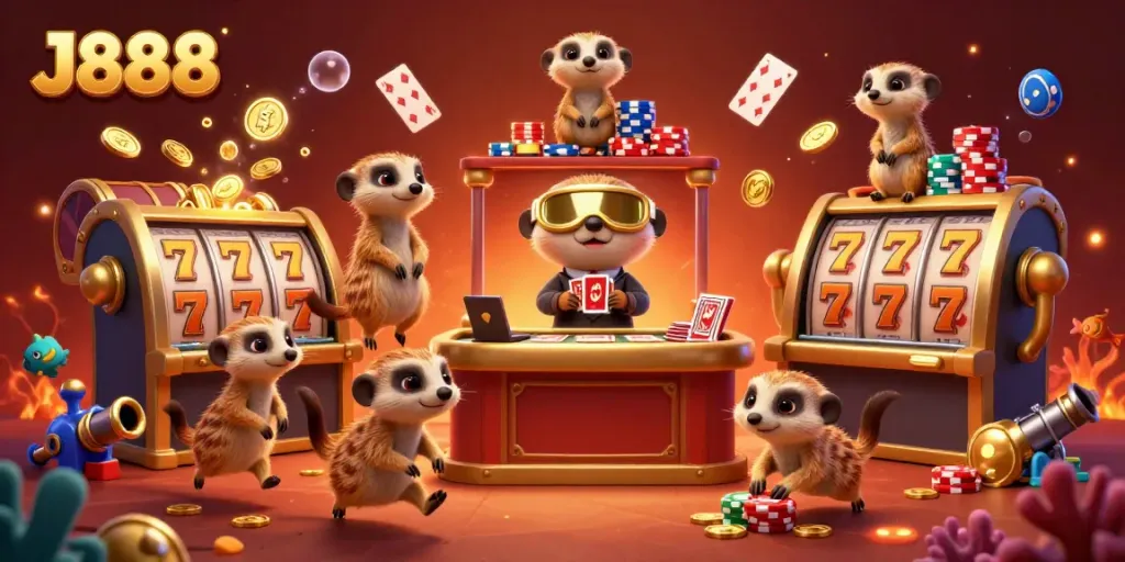 Engage with J888's thrilling casino scene featuring meerkats amidst bursting coins and slot reels.