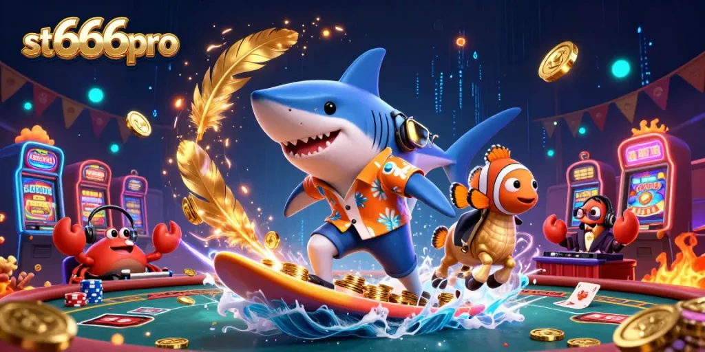Engage in winning strategies with st666pro while the shark surfs gold coins in a vibrant casino scene.
