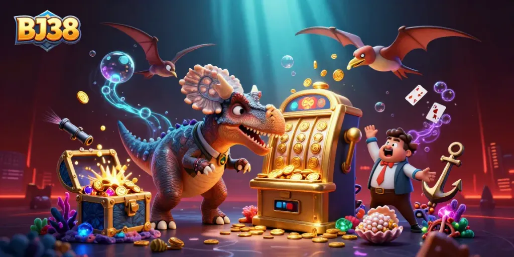 Experience thrilling wins at BJ38 as a dinosaur celebrates a jackpot in a vibrant casino scene.