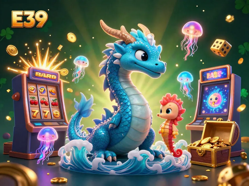 E39 offers an engaging online casino experience with vibrant characters and enticing visuals, surrounded by jackpot excitement.